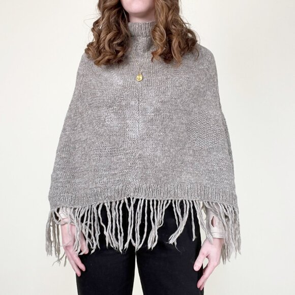 Vintage Handmade Wool Woven Knit Fringe Poncho Western Boho Hippie Sweater Shawl - Picture 5 of 7